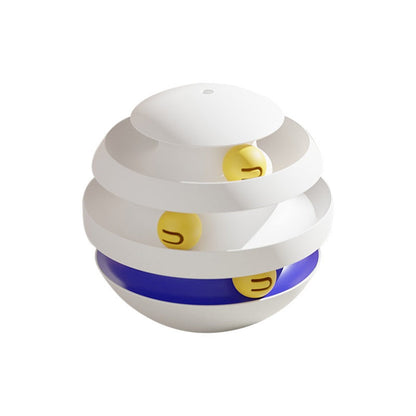 White 3-layer cat turntable tower with spinning balls — interactive cat enrichment toy