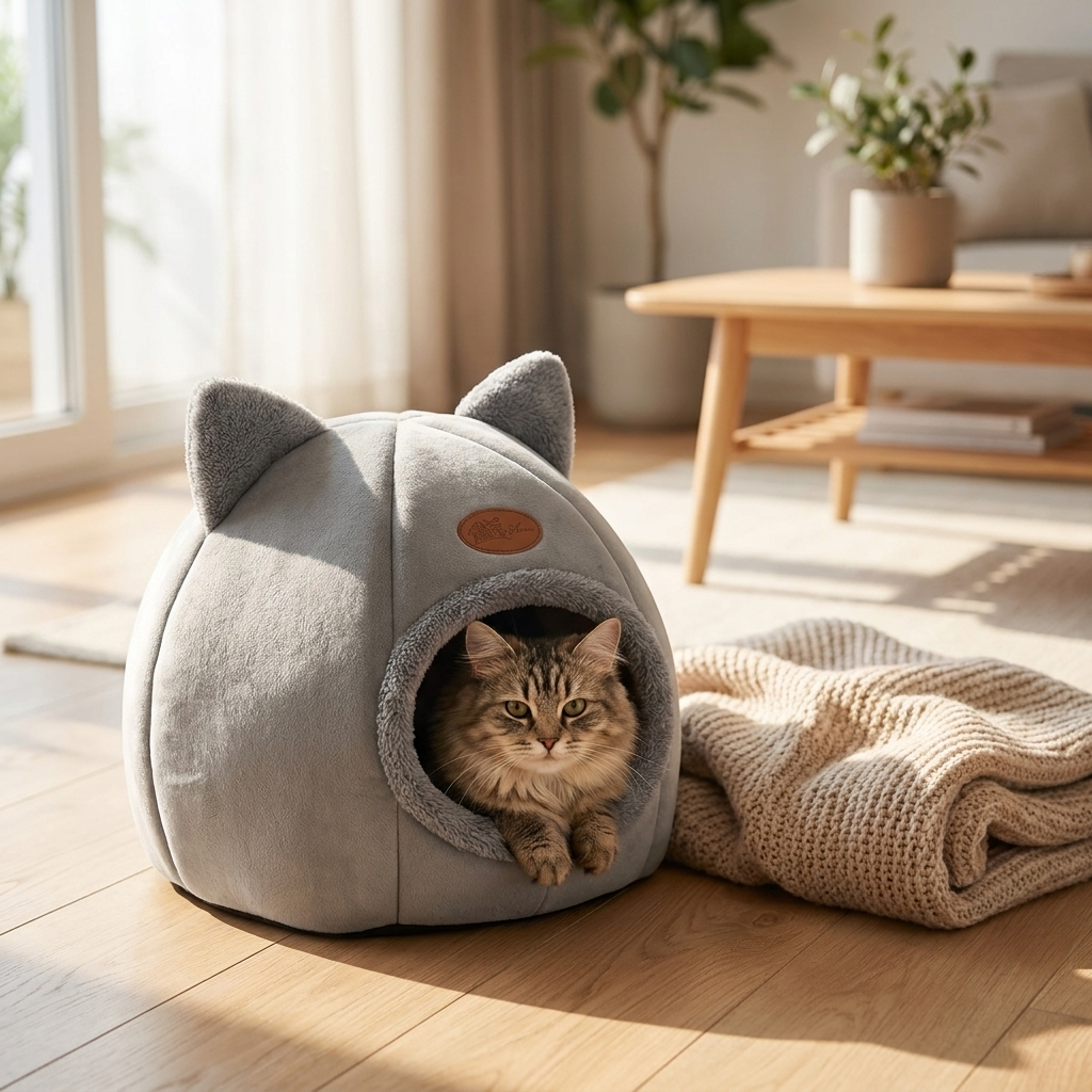 Snaggoo cat cave bed with ears in a cosy sunlit living room