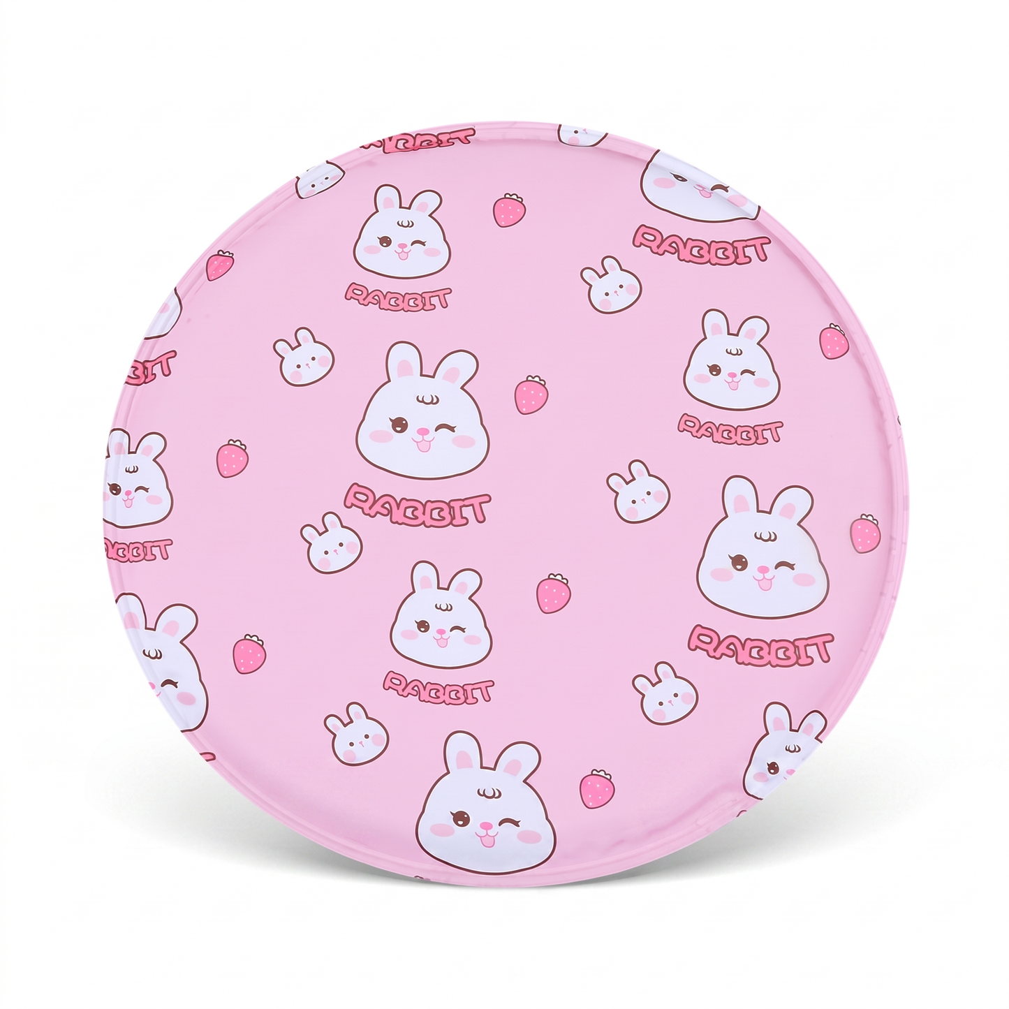 Snaggoo round cat cooling gel mat, angled view showing flat pad, piped edge and pink rabbit print