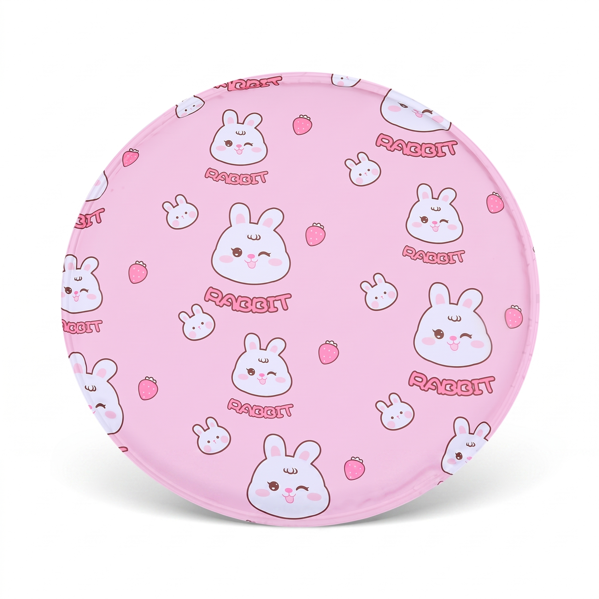 Snaggoo round cat cooling gel mat, angled view showing flat pad, piped edge and pink rabbit print