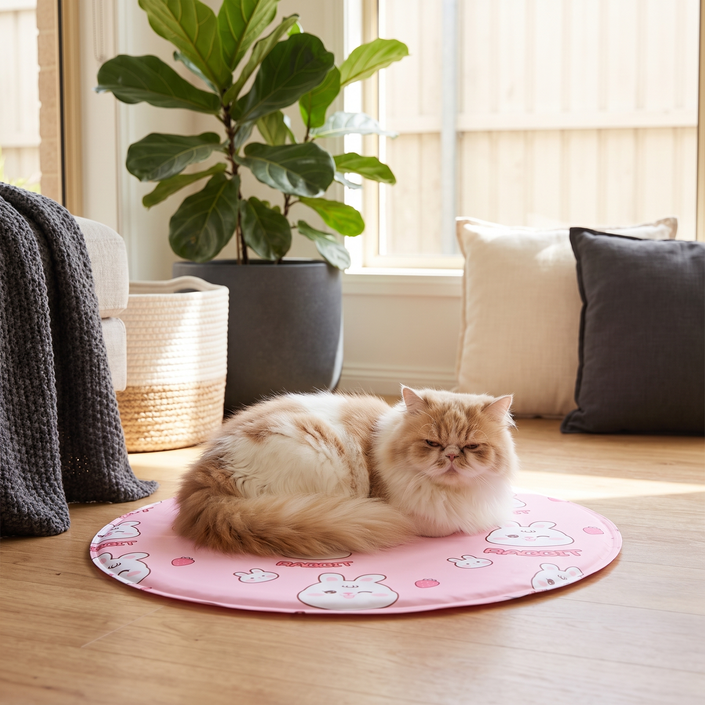 Fluffy cat resting on the Snaggoo pink rabbit-print cooling gel mat in a cozy sunlit Australian home