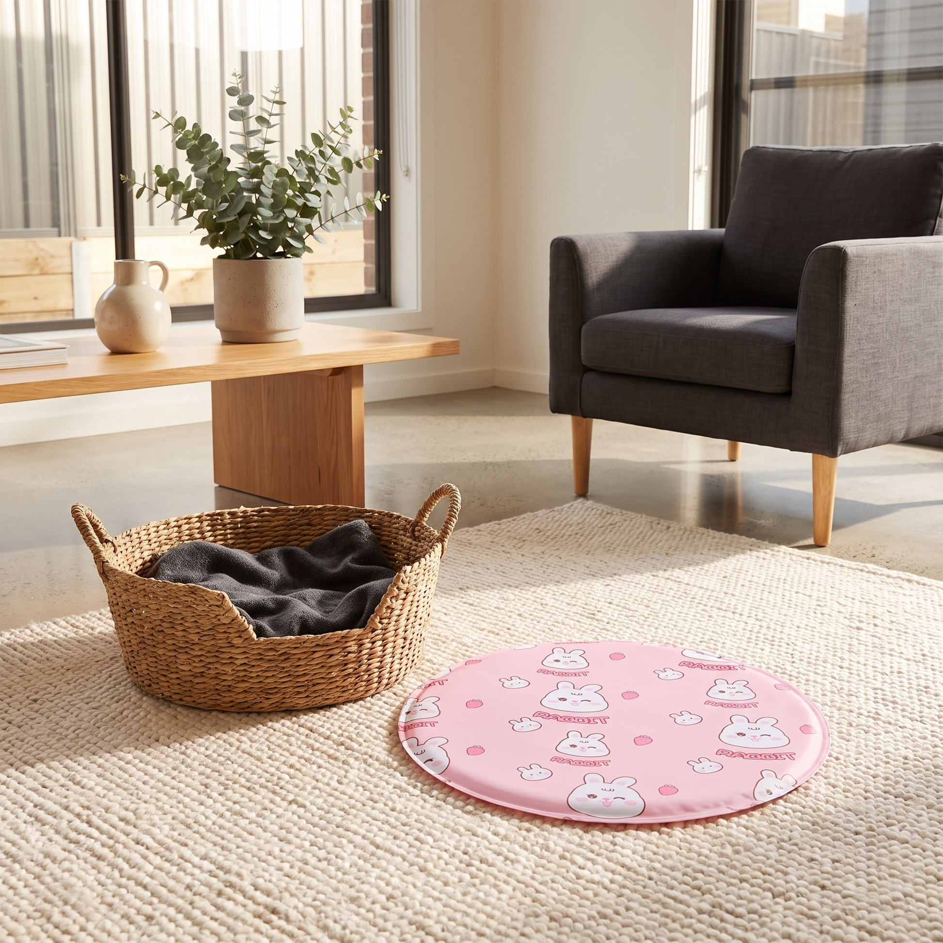 Snaggoo round cooling gel mat on a neutral rug in a bright modern living room