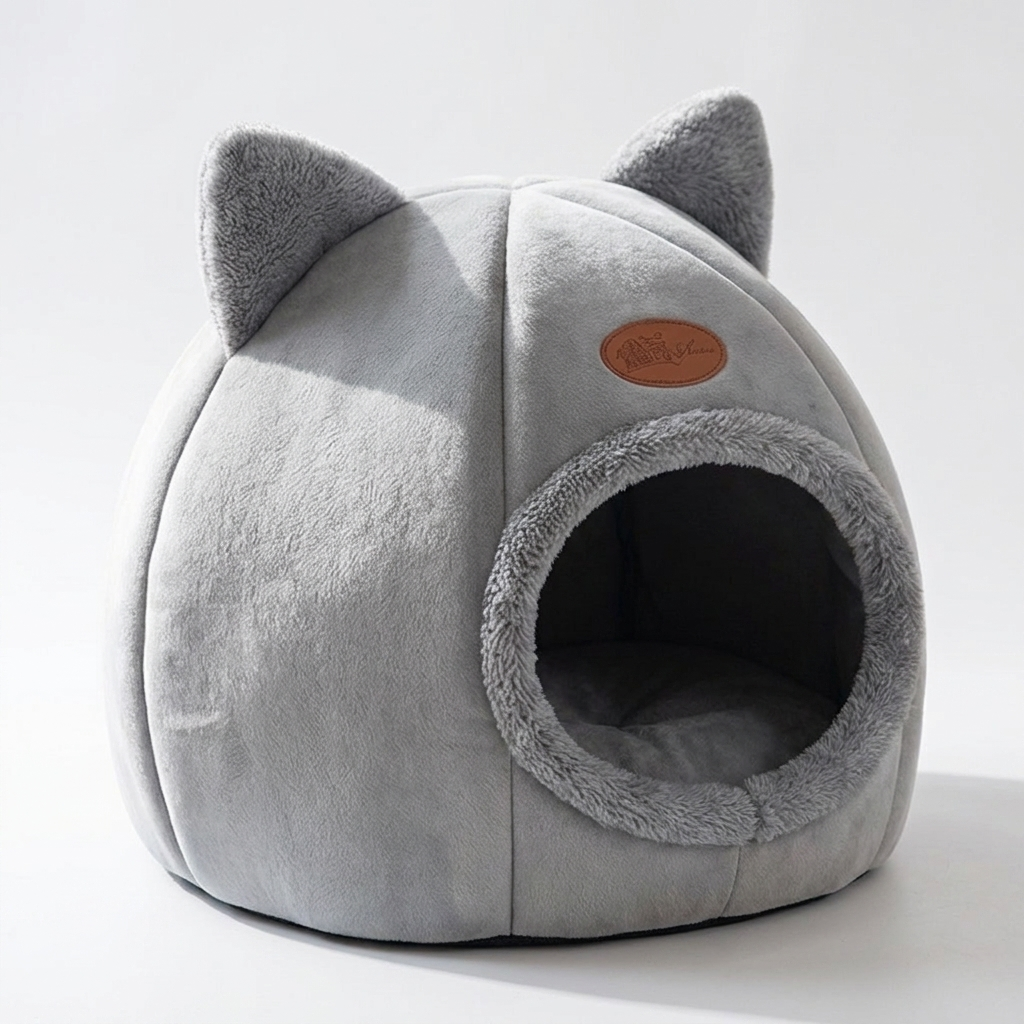 Snaggoo cat cave bed with ears, white studio product photo