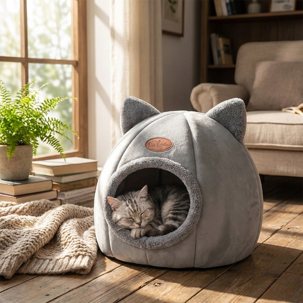Tabby cat asleep inside the Snaggoo cat cave bed with ears on a sunlit timber floor at home