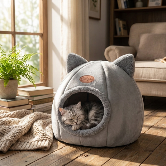 Tabby cat asleep inside the Snaggoo cat cave bed with ears on a sunlit timber floor at home