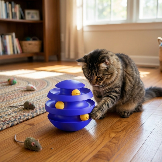 Tabby cat playing with the Snaggoo 3-layer turntable tower on a timber floor at home