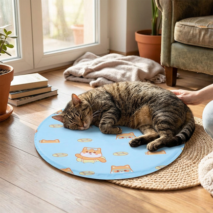 Tabby cat resting on the Snaggoo round cooling gel mat on a timber floor at home