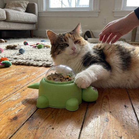 Calico cat pressing the Snaggoo turtle puzzle feeder to release treats on a timber floor