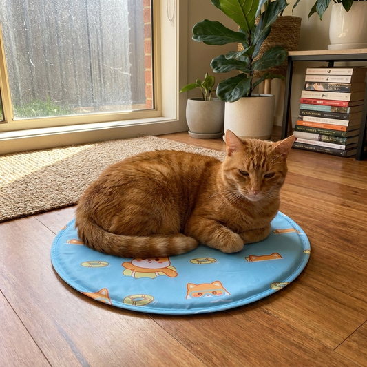 Ginger cat curled on the Snaggoo round cooling gel mat on a timber floor in a warm Australian home