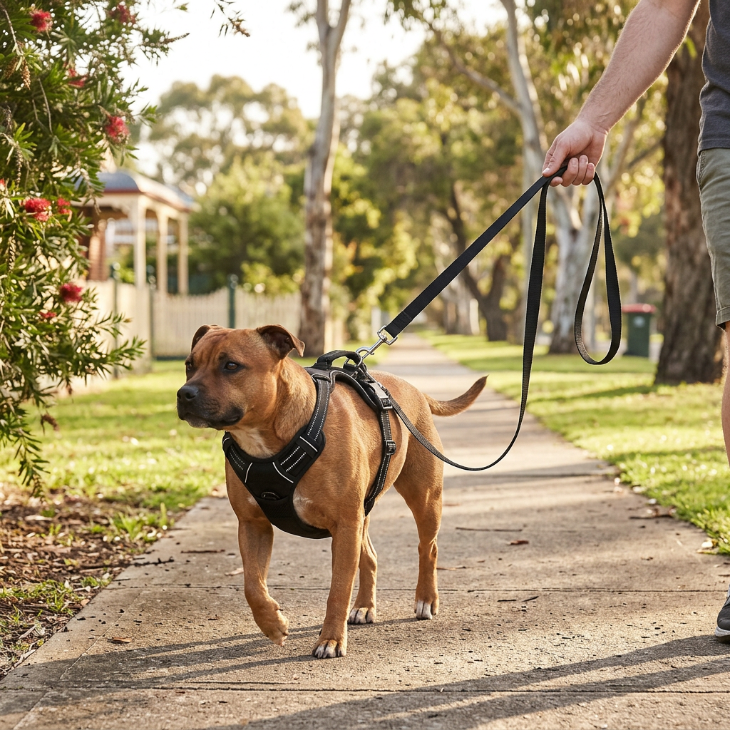 Dog walking calmly on a loose lead wearing the Snaggoo no-pull padded mesh harness on an Australian street