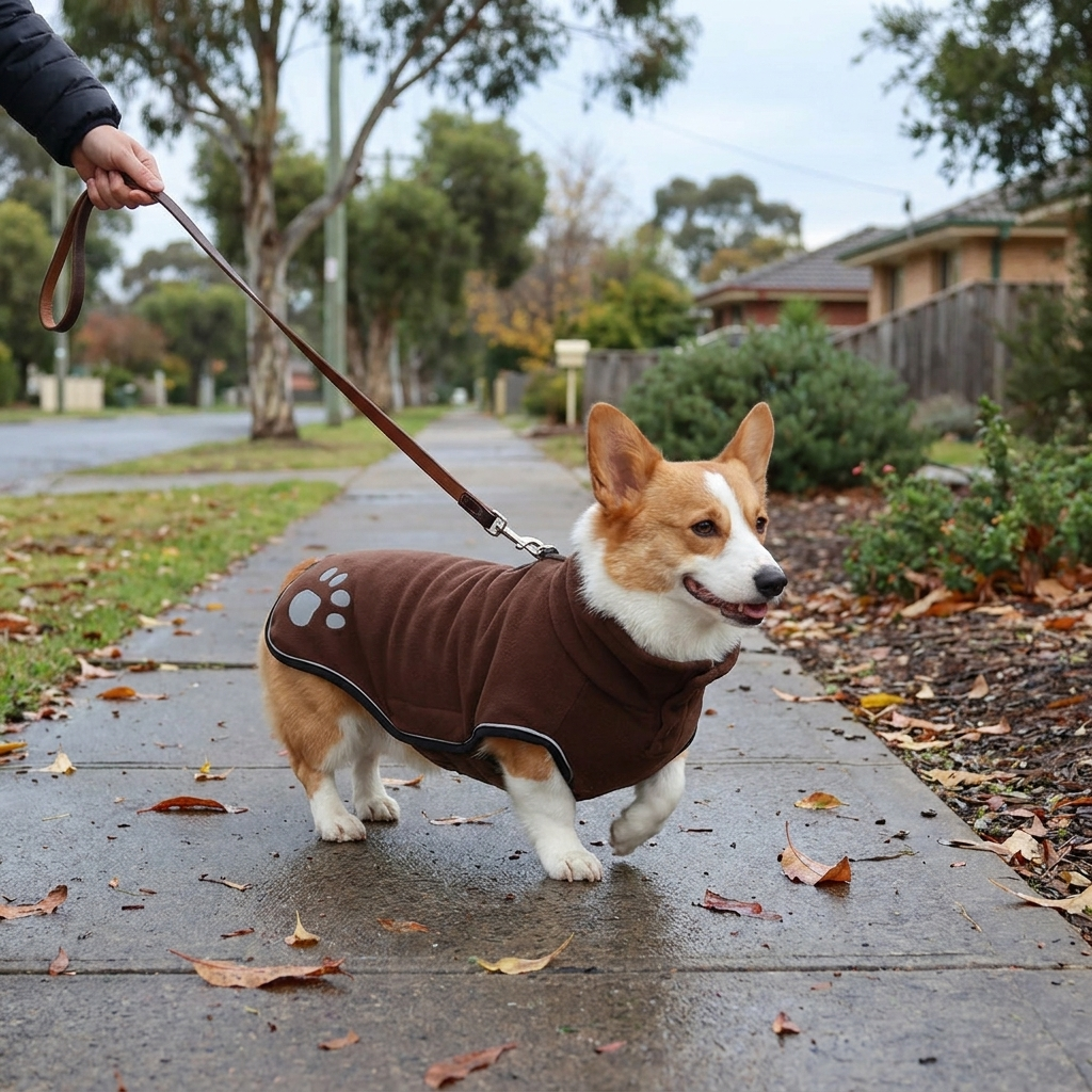 Corgi wearing the Snaggoo brown waterproof fleece dog coat on a wet Australian footpath in winter