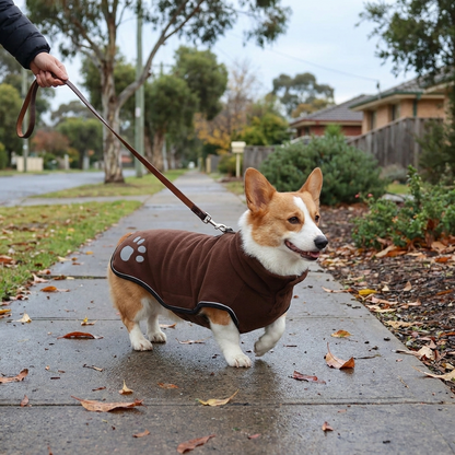 Corgi wearing the Snaggoo brown waterproof fleece dog coat on a wet Australian footpath in winter
