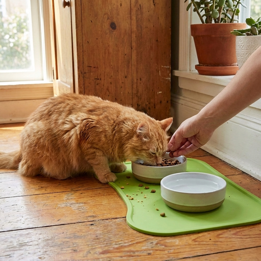 Ginger cat eating from a bowl on the Snaggoo raised-edge waterproof cat food mat, dropped biscuits caught on the mat and the timber floor left clean