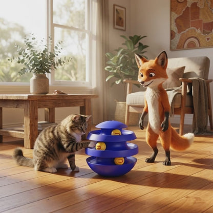 Snaggoo fox and a cat with the 3-layer turntable ball tower in a sunlit Australian home