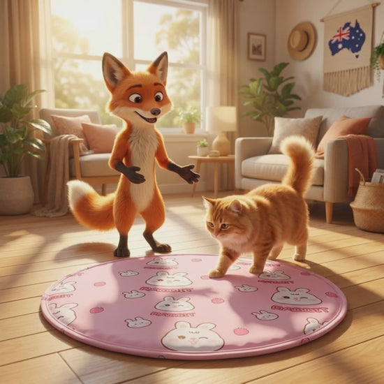 Snaggoo fox and cat with the round cooling gel mat in a sunlit Australian home