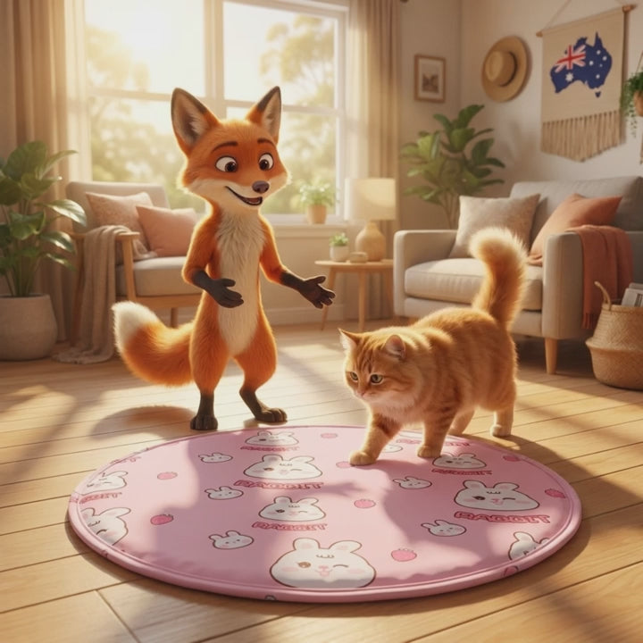 Snaggoo fox and cat with the round cooling gel mat in a sunlit Australian home