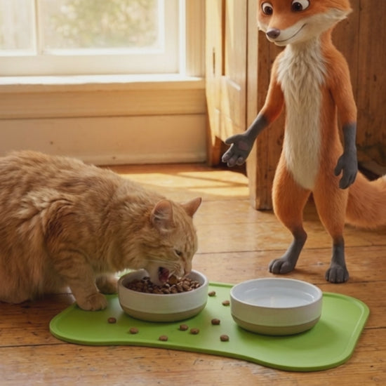 Cat eating quietly from a bowl on the green Snaggoo raised-edge food mat, dropped biscuits caught on the mat and the floor left clean