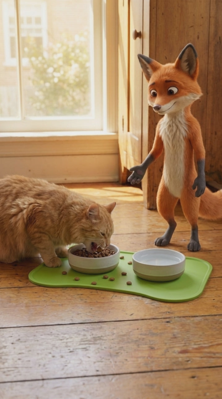 Cat eating quietly from a bowl on the green Snaggoo raised-edge food mat, dropped biscuits caught on the mat and the floor left clean