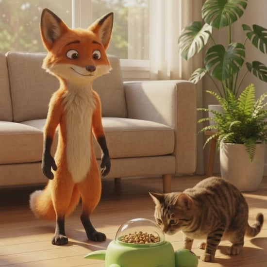 Snaggoo fox shows a cat the Turtle Puzzle Feeder dispensing a few treats at a time