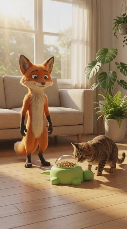 Snaggoo fox shows a cat the Turtle Puzzle Feeder dispensing a few treats at a time