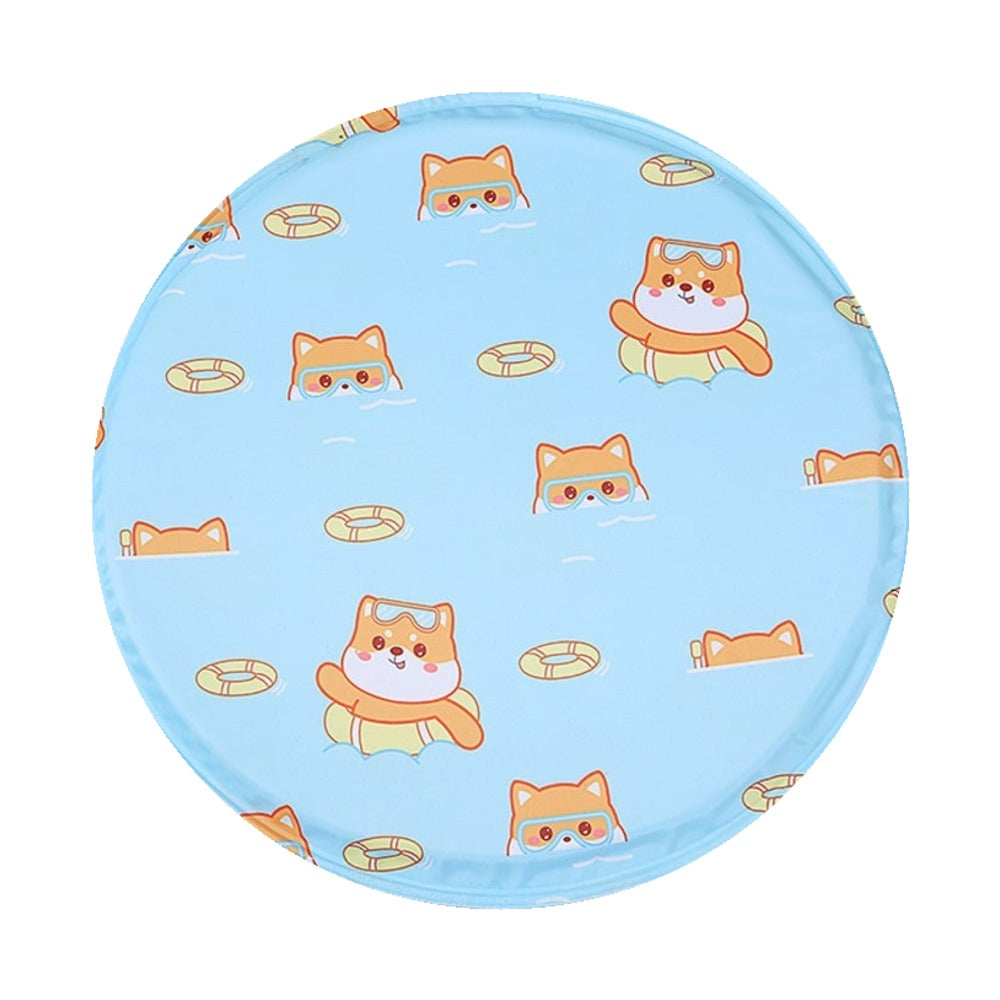 Snaggoo cat cooling gel mat in blue with cute shiba dog print – round self-cooling pad, no freezer or plug
