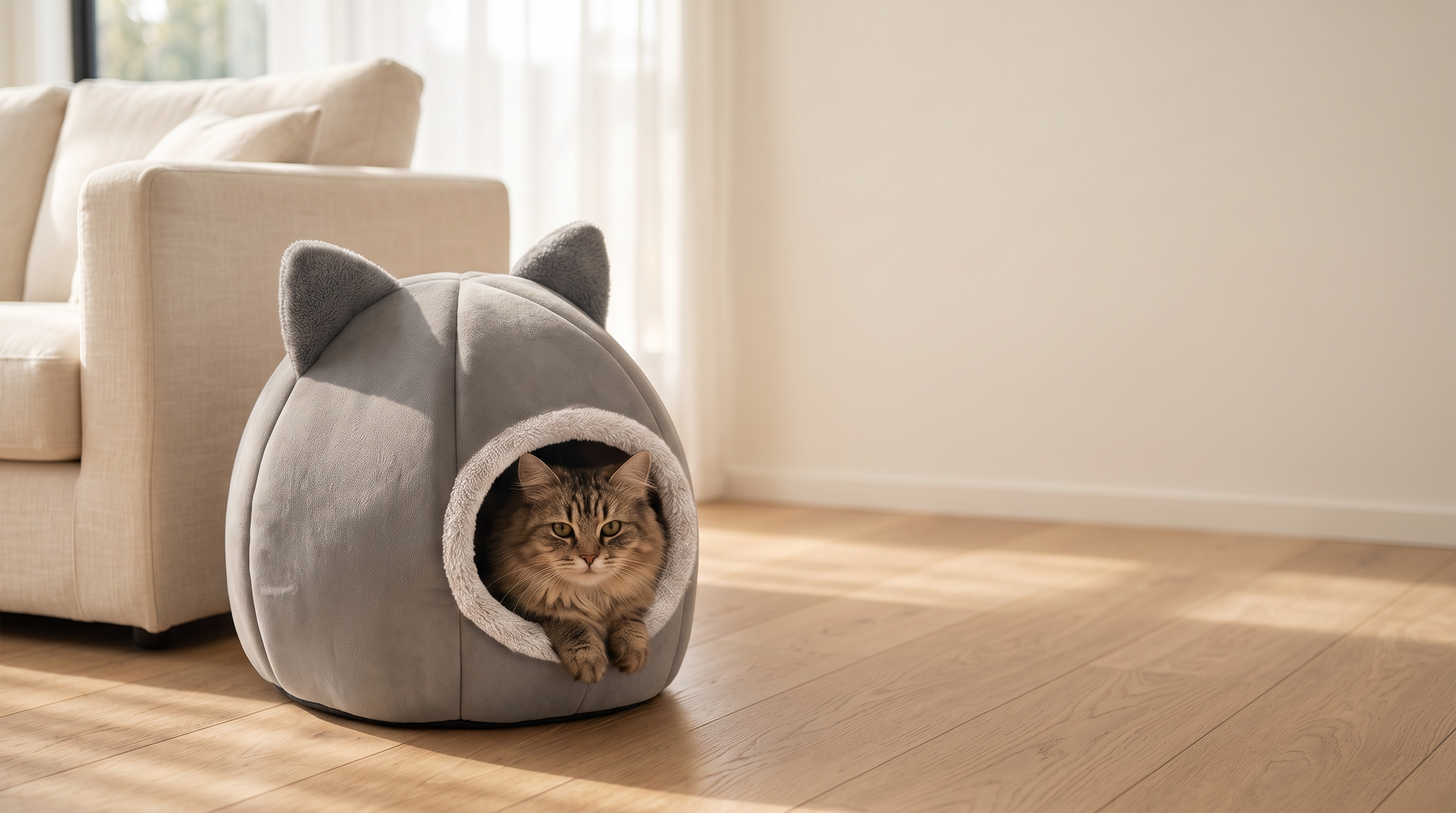 Cat relaxing in a Snaggoo cave bed in a cosy sunlit living room